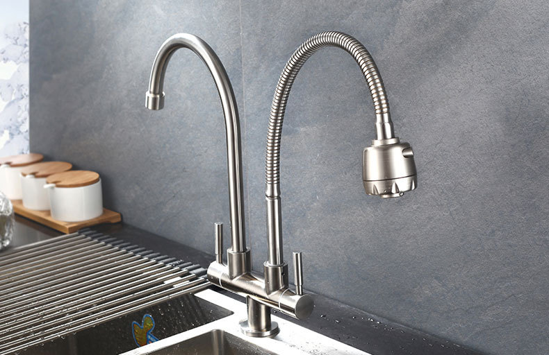 304不锈钢双向旋转水槽单冷厨房万向管双管双出水龙头 冷热双盆