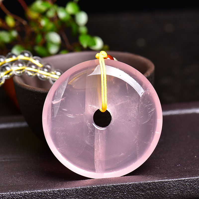 天然粉水晶大号平安扣吊坠女毛衣链水晶项坠