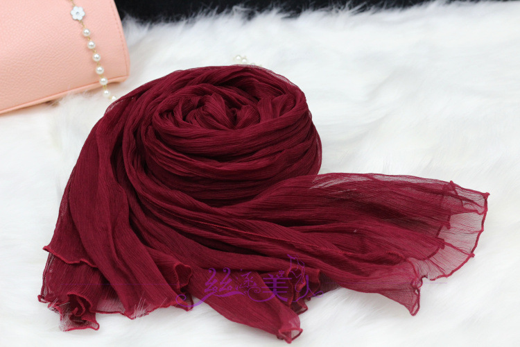 酒红桑蚕丝真丝顺纡绉丝巾超长枣红围巾披肩 私人订制颜色