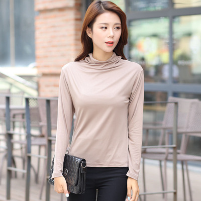 韩版宽松大码薄款长袖t恤女士莫代尔高领打底衫批发显瘦秋衣外穿