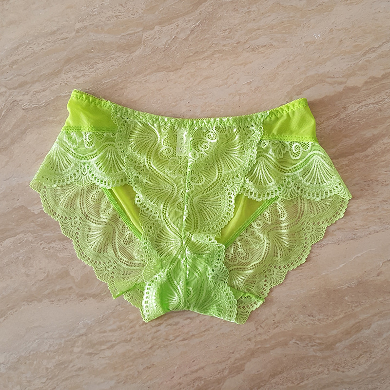 性感诱惑蕾丝镂空平角裤少女款中腰透气糖果色女三角内裤工厂直销