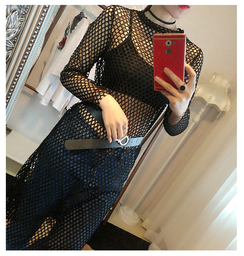 镂空网眼衫女夏韩版渔网长袖网格破洞罩衫百搭透视上衣t恤打底衫