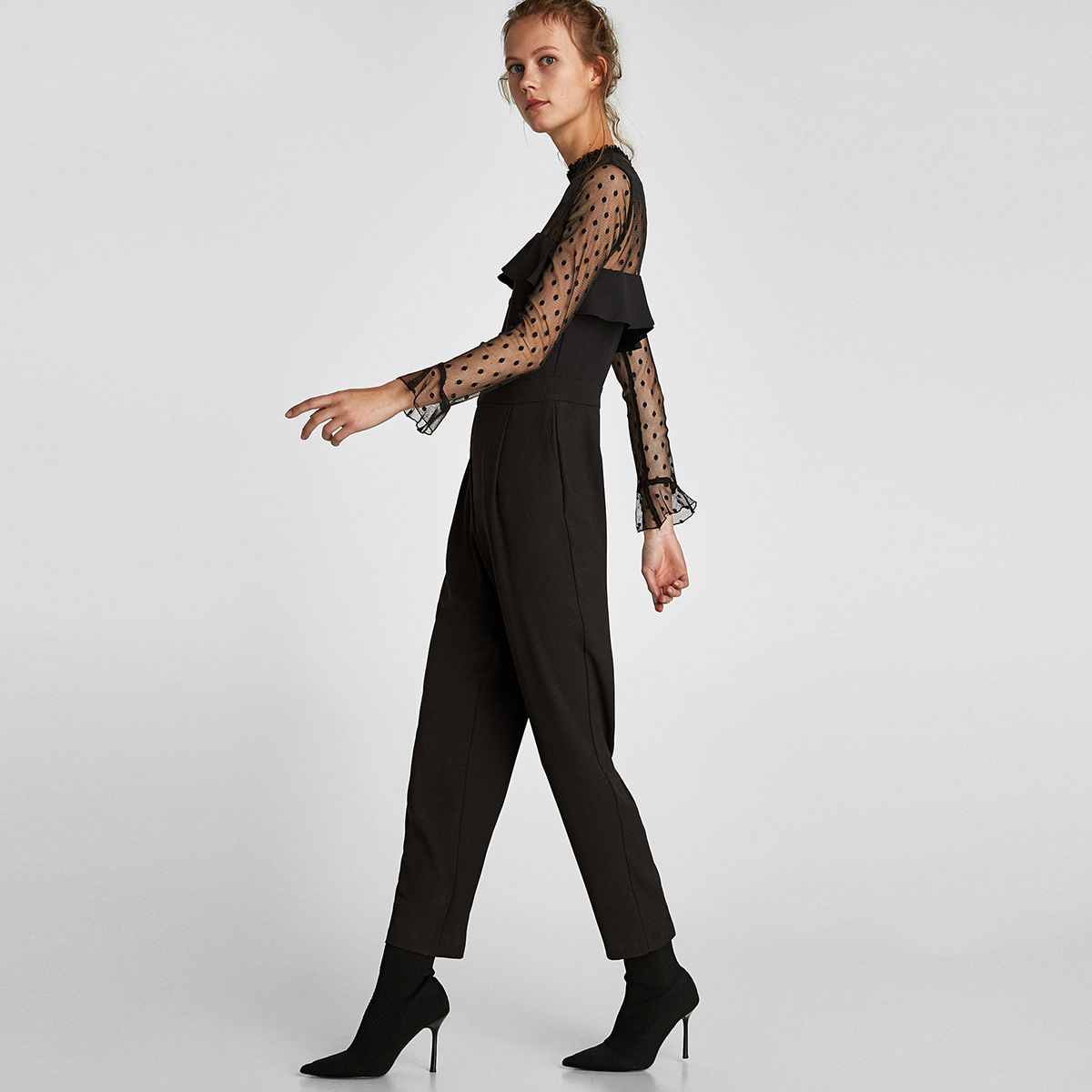 欧美时尚简约通勤薄纱荷叶边拼接连体长裤