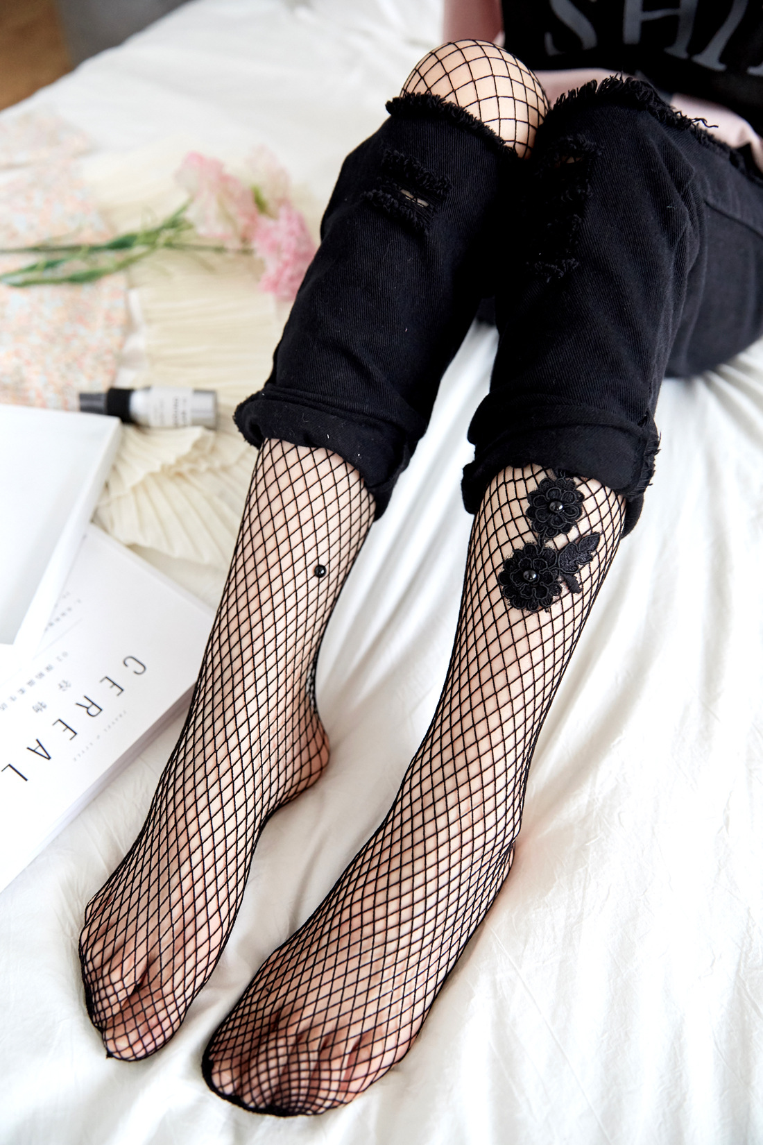 绣花烫钻网格袜渔网袜大网眼中小网眼连裤袜子丝袜