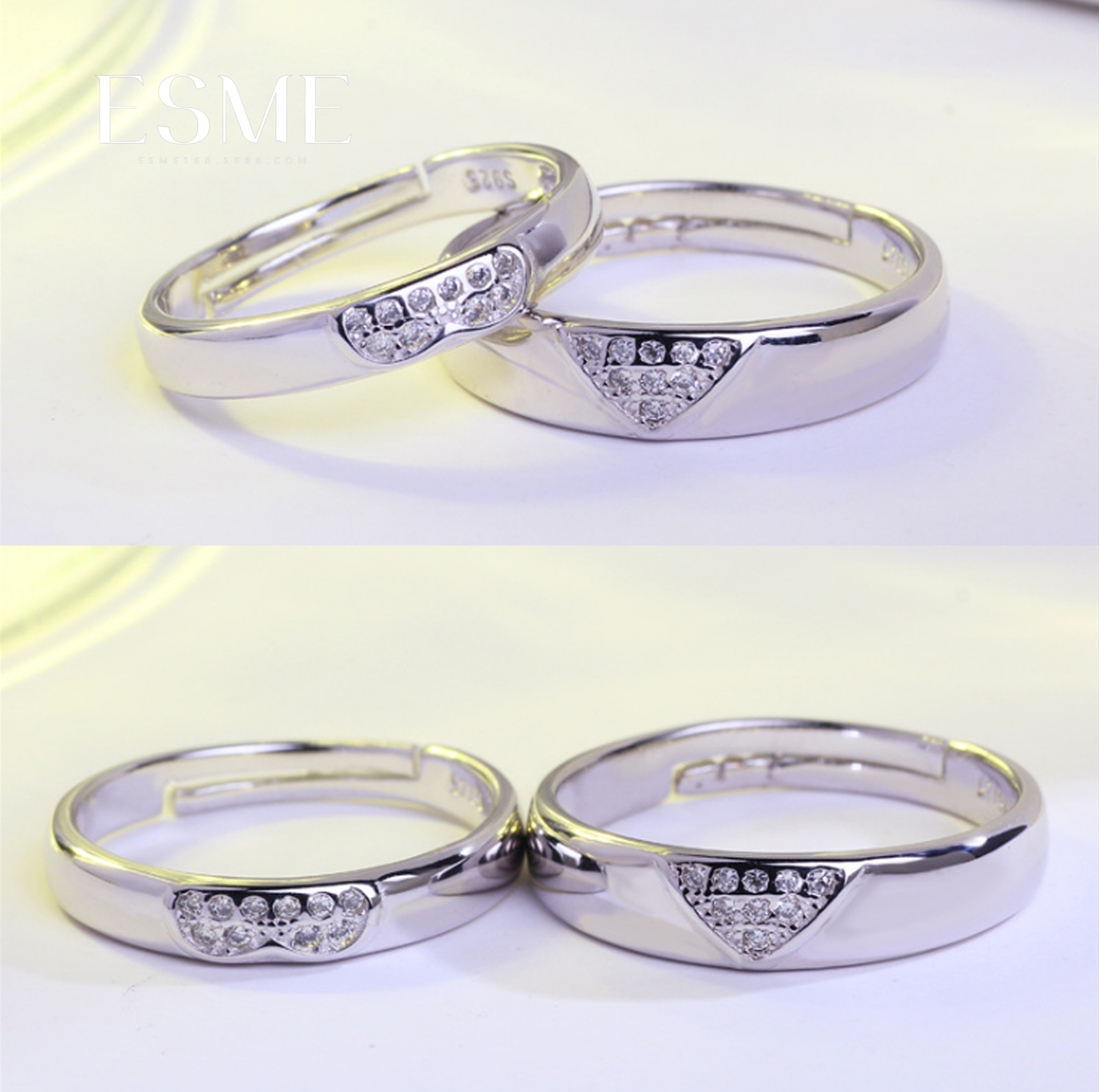 心心相印情侣戒子韩版创意爱心形镶钻银戒指男女开口对戒厂家批发