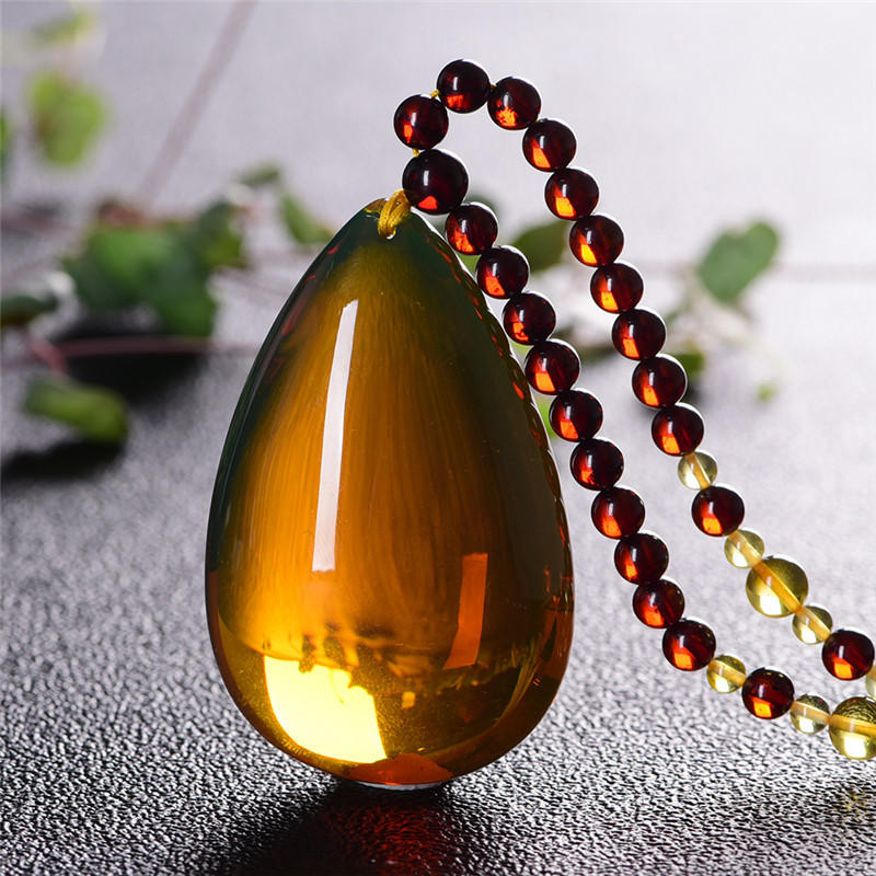 多米尼加净水蓝珀吊坠水滴形项链蜜蜡琥珀毛衣链男女款项链