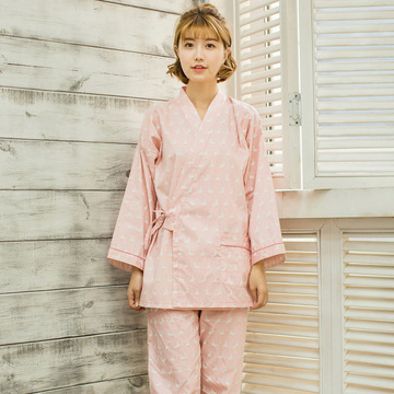 新款日式和服睡衣女秋冬全棉长袖可爱系带浴衣春款家居服套装