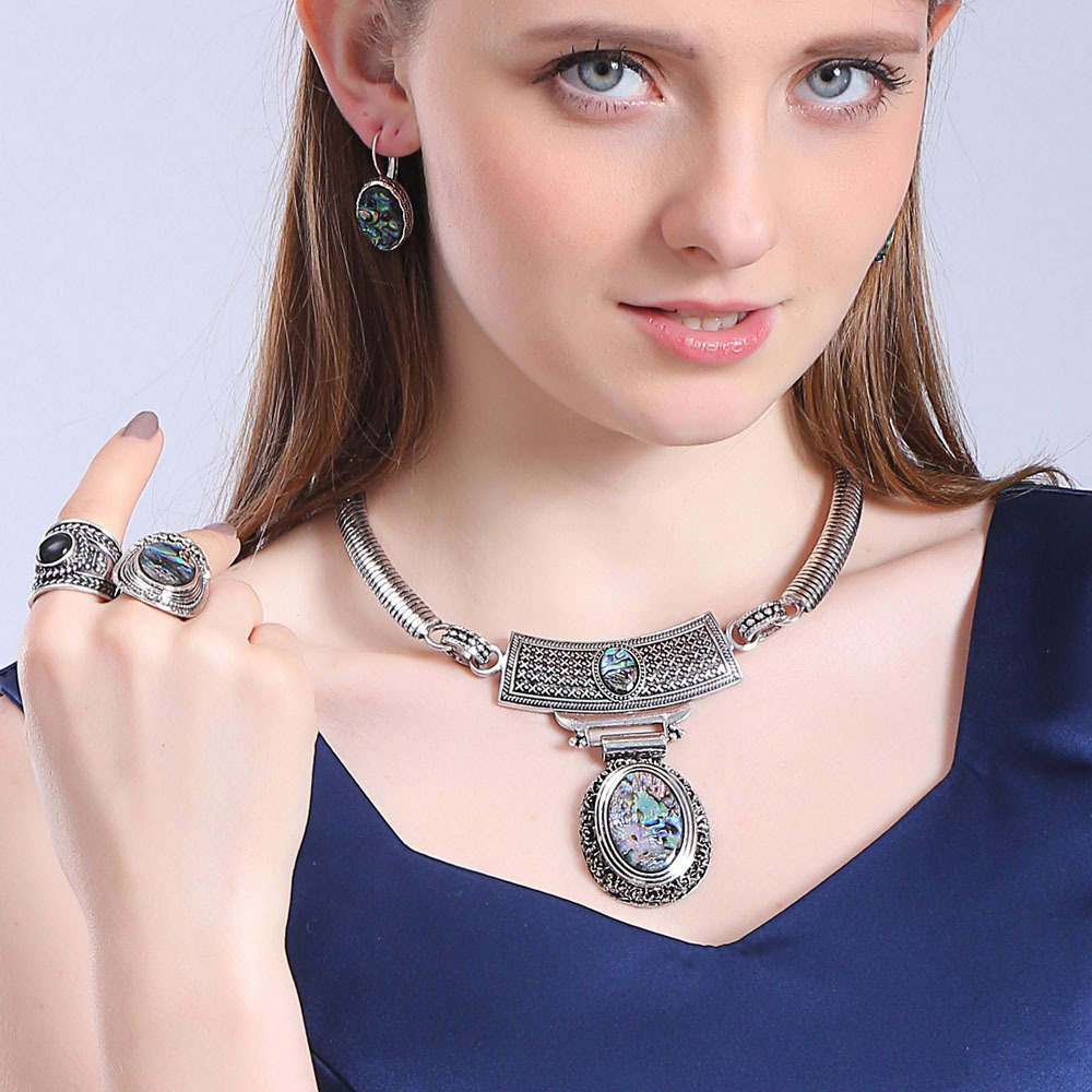 跨境欧美饰品复古彩贝宝石项圈项链时尚复古手镯印度时尚大象套装