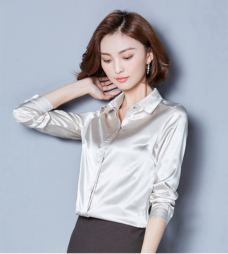 2019春秋新款女装衬衣弹力缎面拼接上衣修身仿丝绸缎长袖衬衫女
