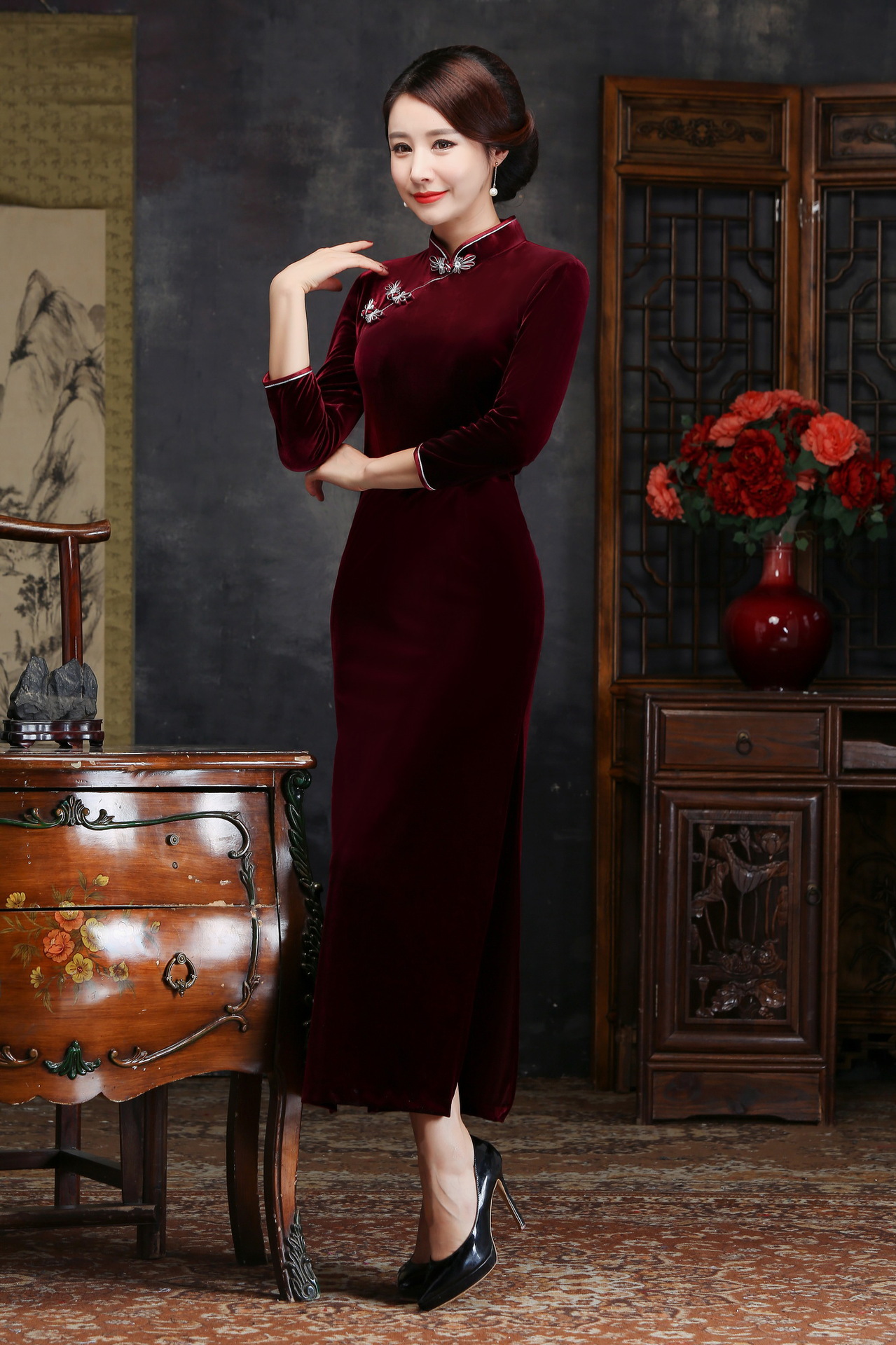 加绒加厚2017秋季新款9分袖丝绒旗袍裙女式高档修身显瘦复古改良