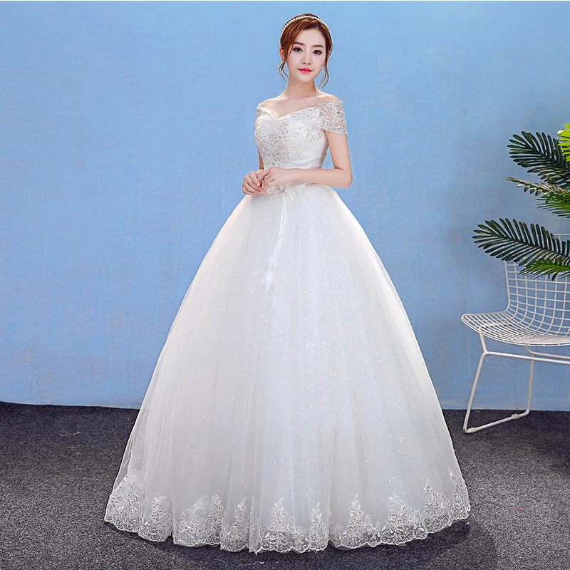 欧美双肩低胸v领齐地婚纱礼服 修身显瘦甜美公主蕾丝双肩婚纱礼服