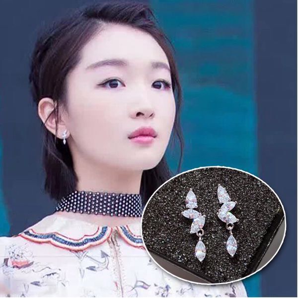 925纯银针明星刘亦菲周冬雨同款锆石气质耳钉女时尚耳环吊坠耳饰