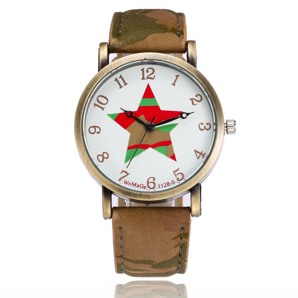 womage爆款男女腕表 迷彩表带五角星图案石英腕表 运动军表手表