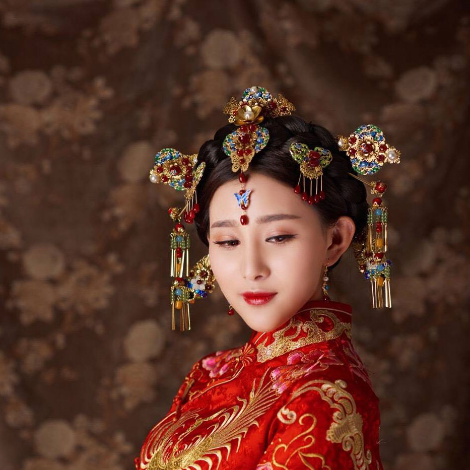 中式婚礼发饰景泰蓝古装新娘饰品配饰秀禾服凤冠搭配头饰套装批发