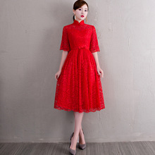 厂家直供2021新款时尚中长款晚礼服女 中式红色立领新娘敬酒服夏