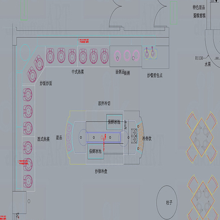 专业设计 餐台规划布局图 自助餐厅设计定制 海鲜沙律冷盘台