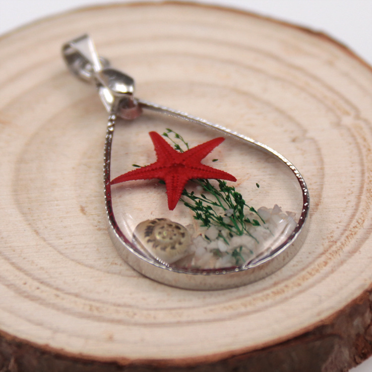 跨境热卖 水滴形金属镶边吊坠 树脂海星标本项饰女项链厂家批发