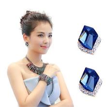 B220气质蓝色方块耳钉大气气质简约个性仿水晶耳环女潮韩版配饰品