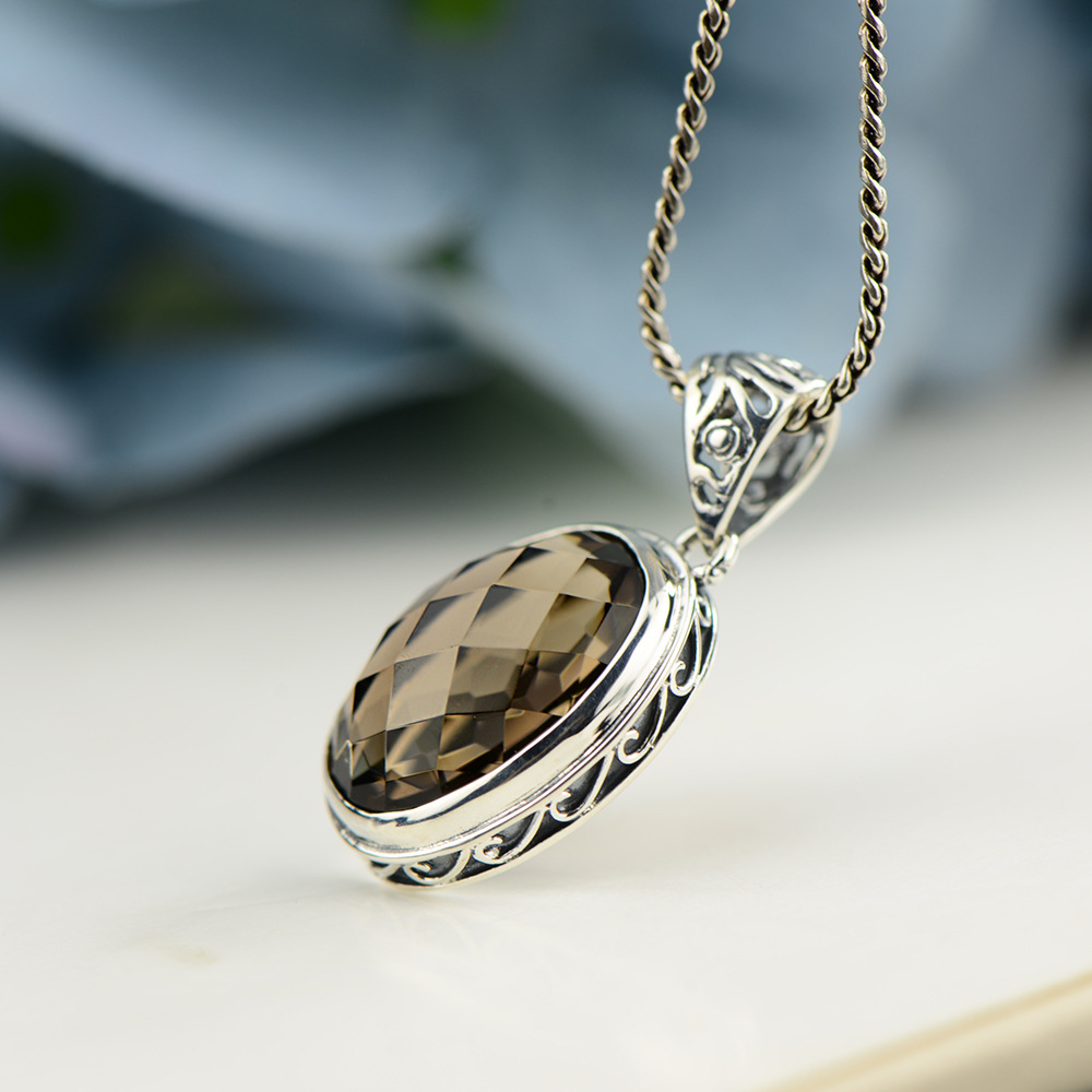 2018新品s925银镶嵌吊坠泰银做旧个性女款切面茶晶项坠锁骨链挂坠