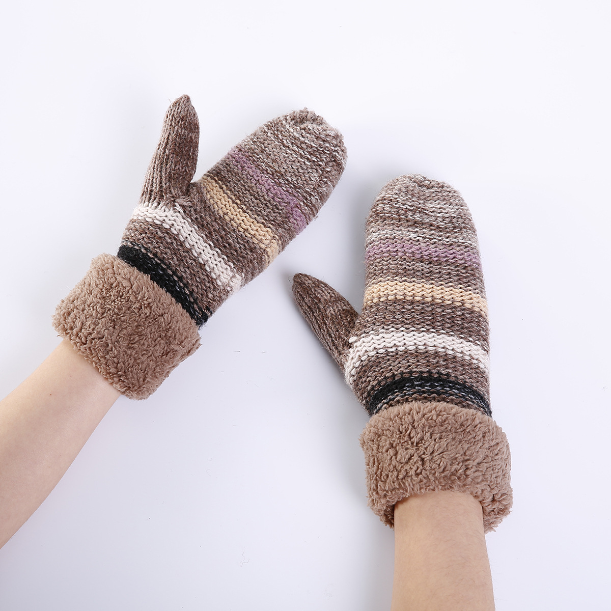 欧美冬季新款潮流女士条纹混色针织毛线加绒加厚连指保暖滑雪手套