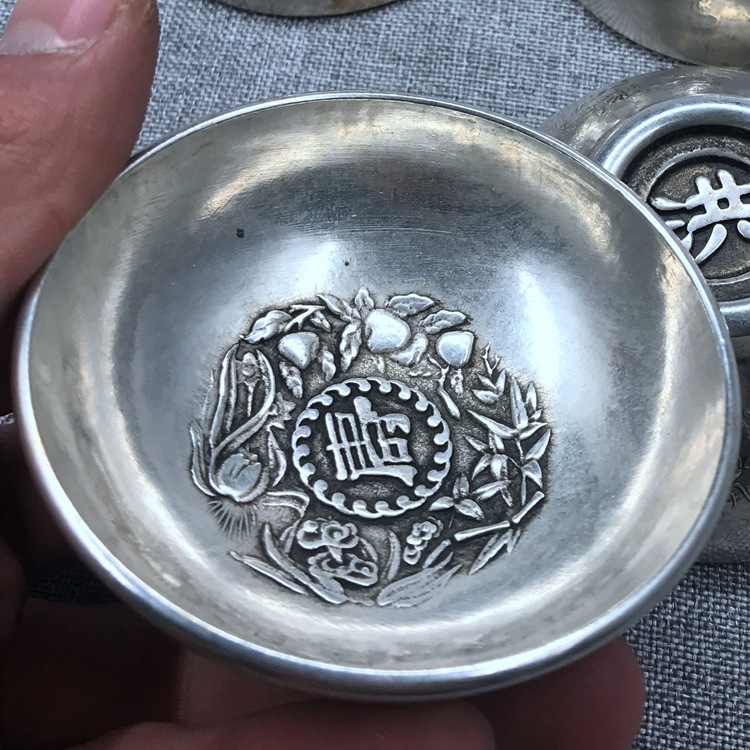仿古银器铜器镀银银碗银杯福 禄寿 喜洪字底中号镀银杯四个一套