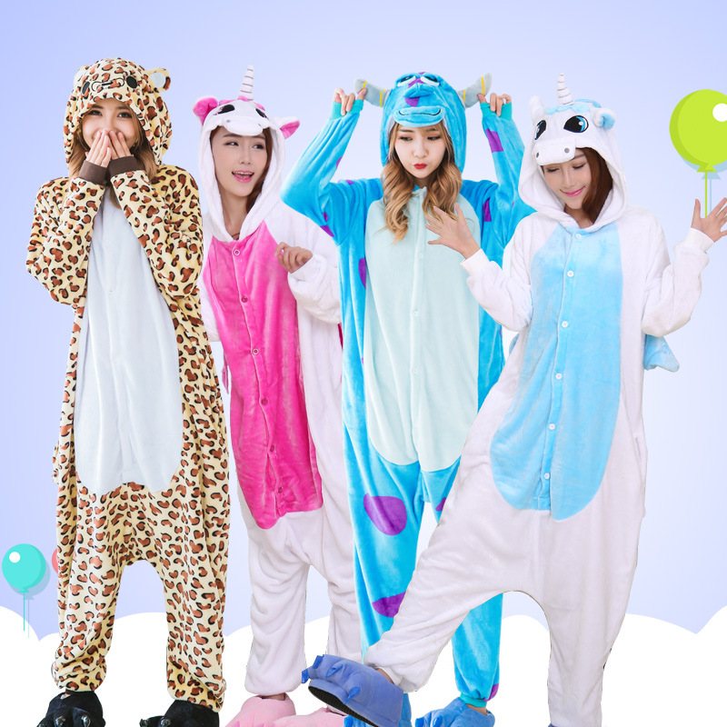 2019秋冬季新款法兰绒兰牛连体睡衣可爱卡通动物保暖情侣家居服