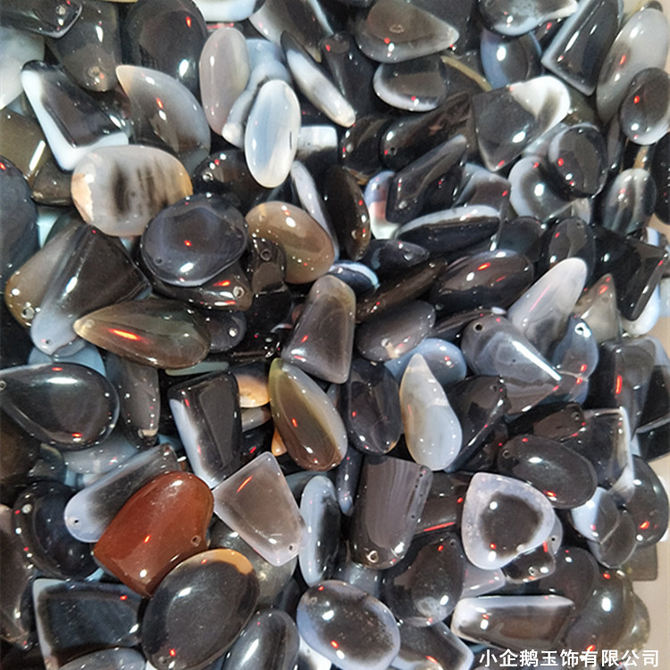 热卖灰黑色混色玛瑙印章小吊坠批发 玉器玉石圆形蛋面小水滴 挂件