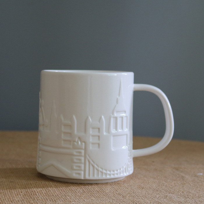 来样订购城市浮雕陶瓷杯情侣杯水杯陶瓷杯企业定制logo