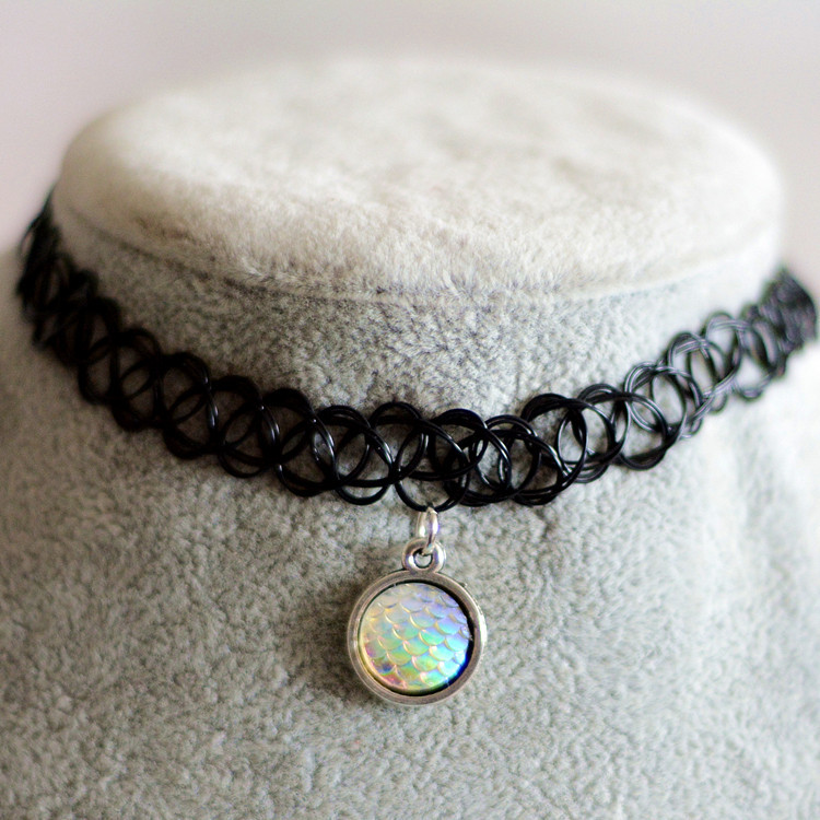 新品 时光宝石鱼鳞贴片 美人鱼黑色蕾丝项链 纹身鱼鳞项链