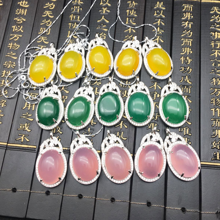 原石镶坠绿玉髓蛋型玉吊坠项坠女款玉石玉器工艺品