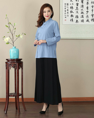 唐装女士上衣棉麻盘扣中山装女开衫长袖茶艺师服装中国风茶服女秋