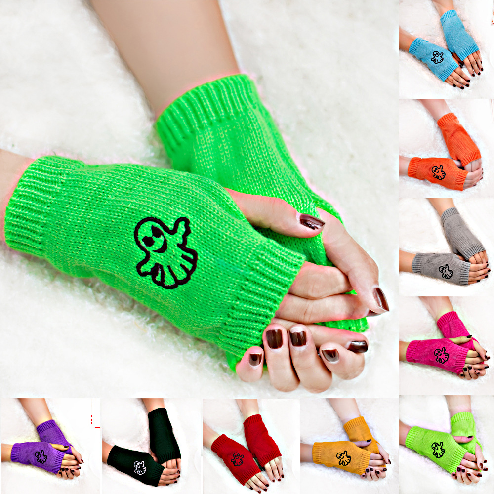 亚马逊新款刺绣幽灵手套糖果色半指毛线保暖手套万圣节现货wish款