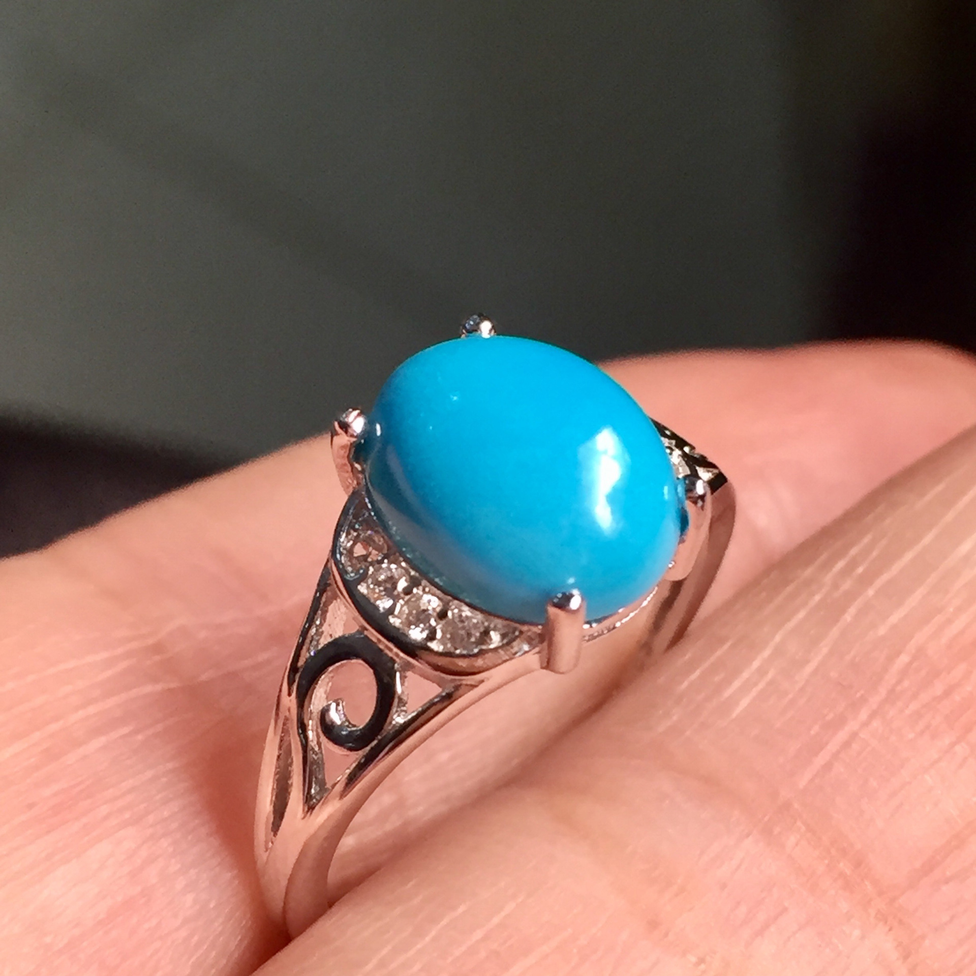 彩宝首饰 925银镶天然蓝松戒指 简单大方批发一件代发