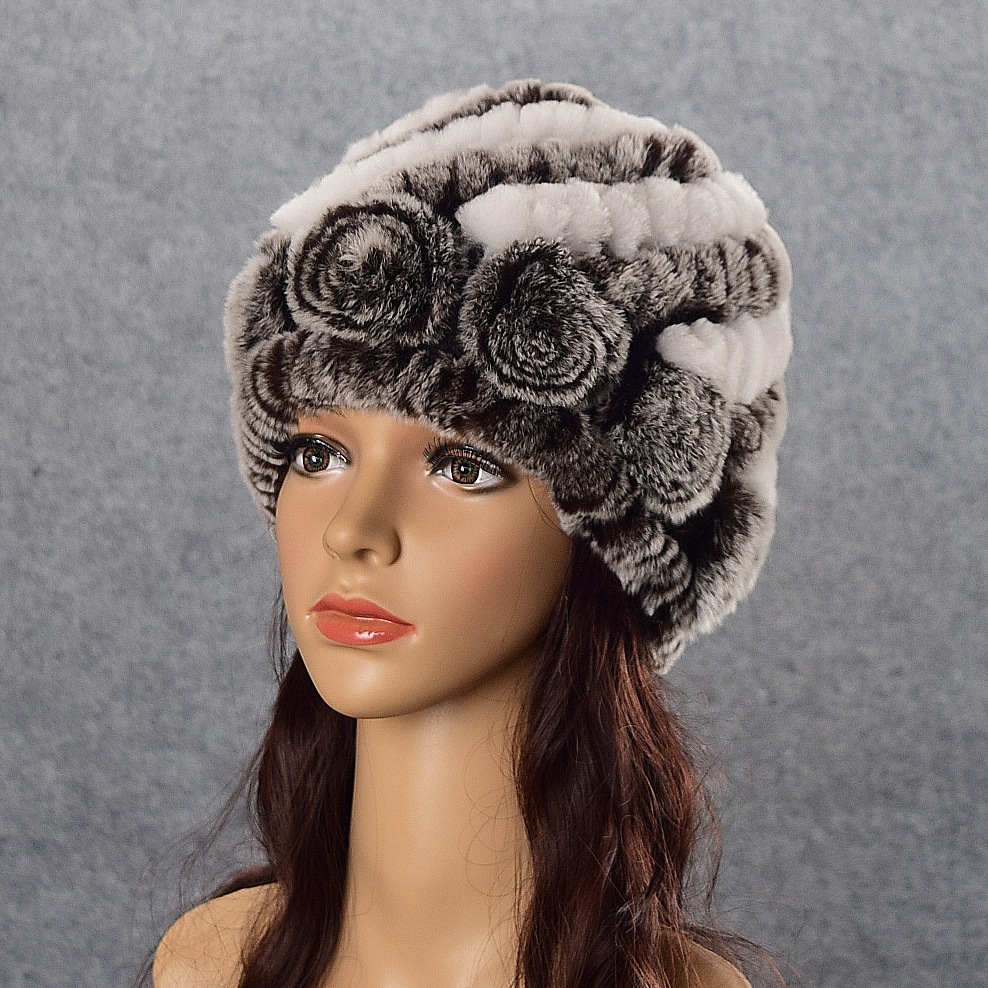 批发加厚獭兔毛裘皮帽子女毛线编织帽菠萝加花帽皮草帽子