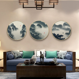 实木圆形画水墨山水餐厅圆框画卧室抽象玄关挂画新中式客厅装饰画