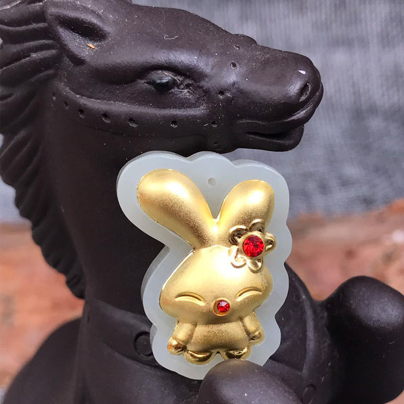 和田玉卡通兔子吊坠 金镶玉可爱兔子吊坠 儿童圣诞礼物金镶玉吊坠