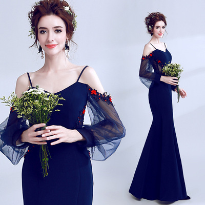 2018新款性感时尚气质晚宴主持人深蓝色鱼尾长袖服装吊带礼服长裙