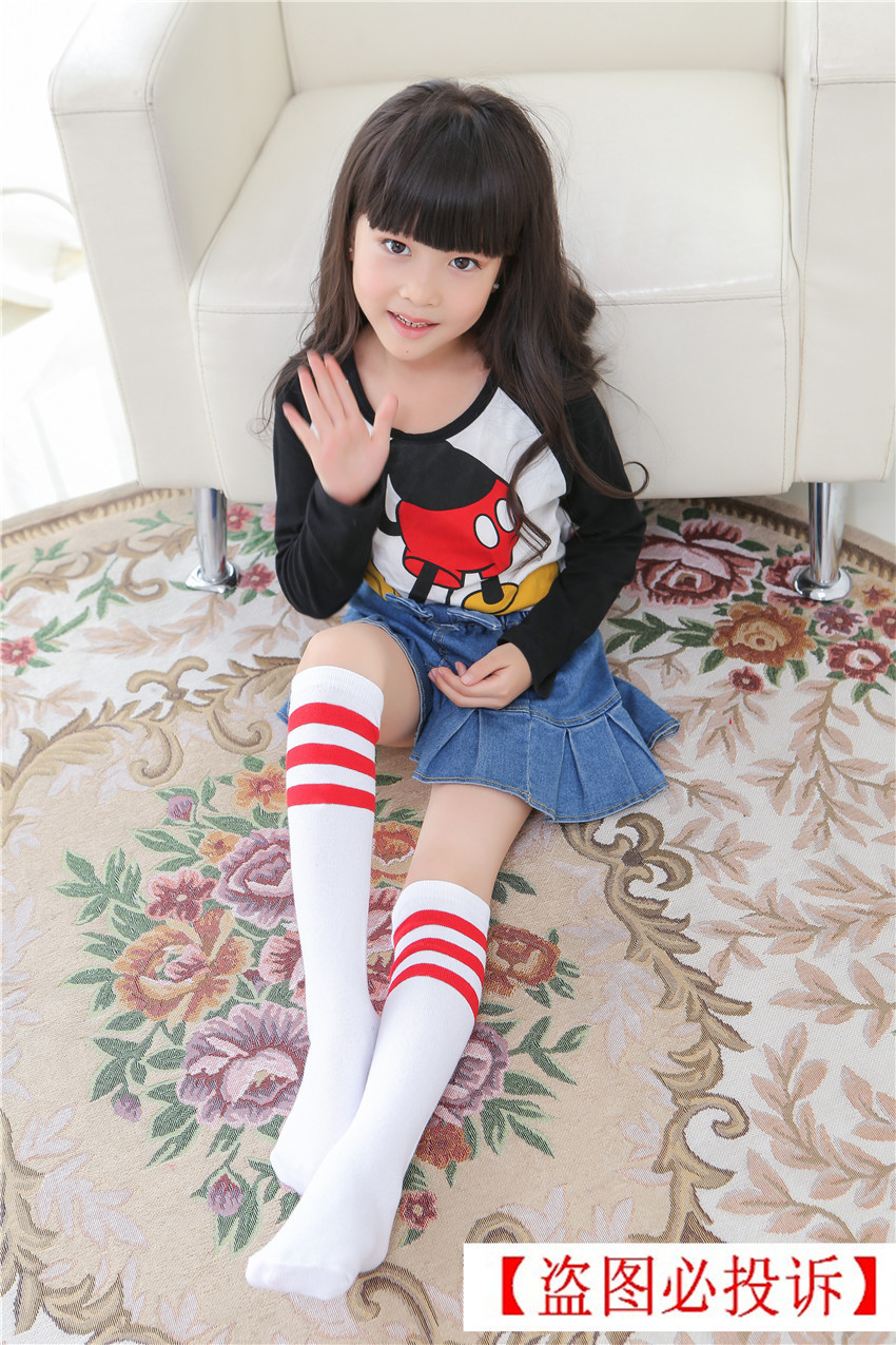 儿童棉足球袜春秋款童装超弹力女童袜子黑白条纹中筒袜直板袜子