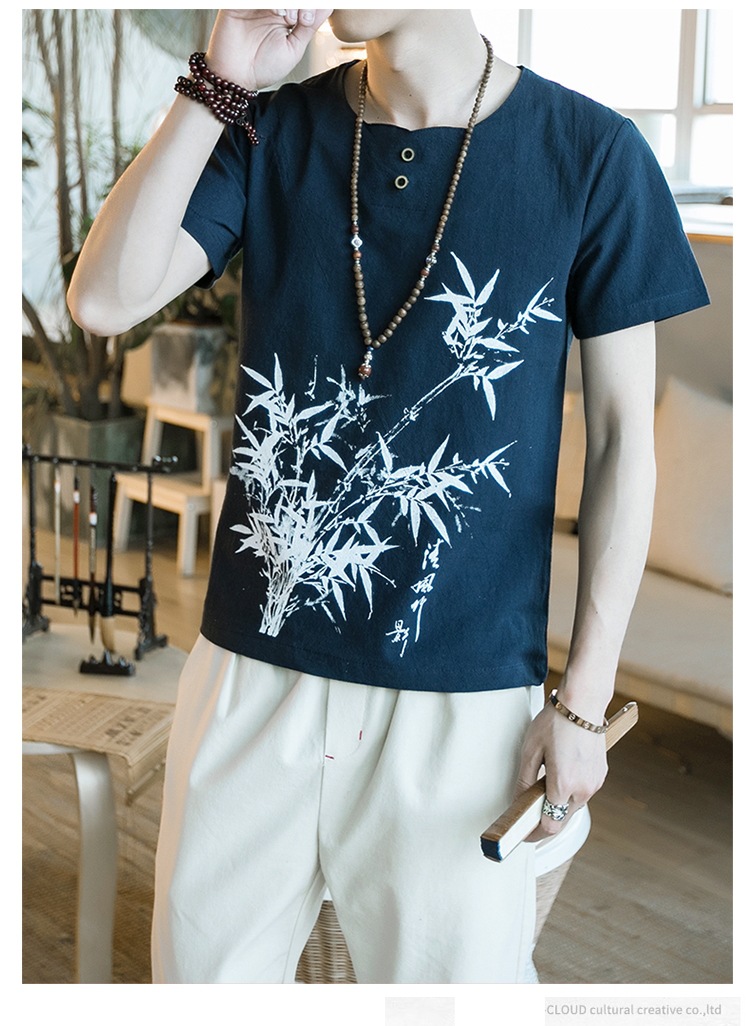 2018新款夏季中国风清风竹影印花男式t恤 棉麻透气加肥大码短袖衫