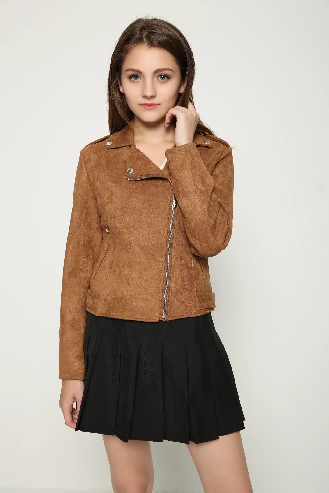 2017春款新款欧美麂皮绒皮衣修身短款皮夹克鹿皮外套女装批发