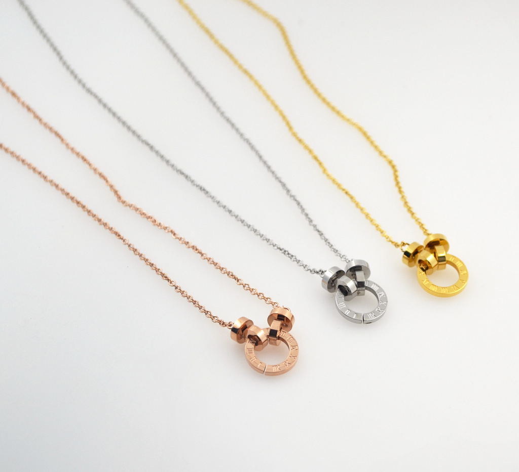 新款双环小圆扣罗马数字钛钢玫瑰金 男女环锁骨项链情侣项链批发
