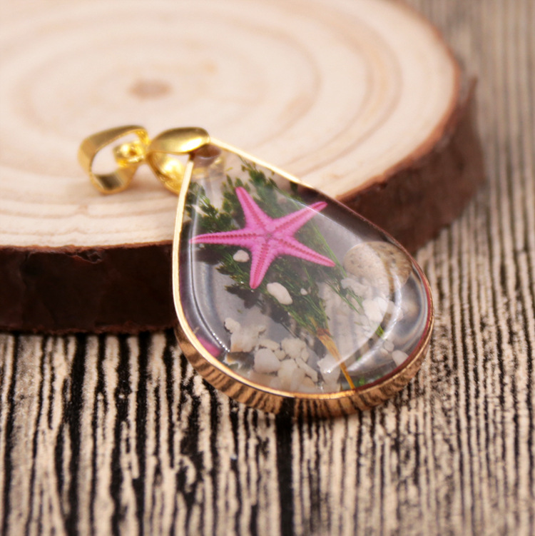 跨境热卖 水滴形金属镶边吊坠 树脂海星标本项饰女项链厂家批发