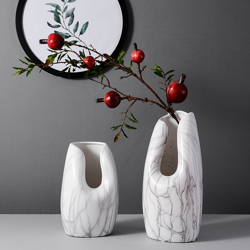 北欧客厅电视柜软装饰品样板房家居摆件现代简约大理石纹陶瓷花瓶