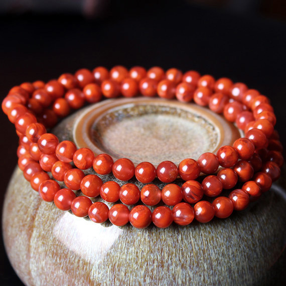 听涛南红玛瑙手链女款柿子红火焰纹多圈饰品玛瑙圆珠手串27g听涛