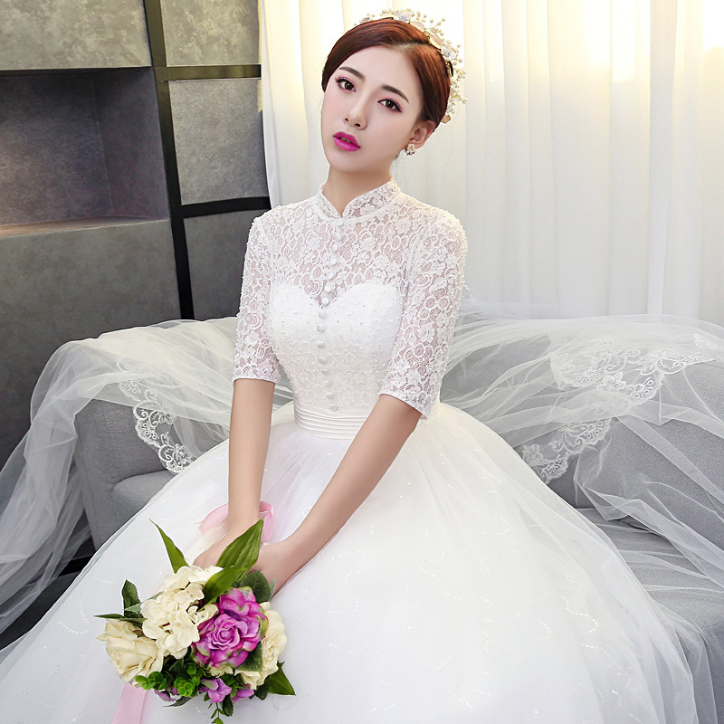 婚纱礼服2017新款 复古立领蕾丝婚纱公主镶钻新娘结婚齐地婚纱白