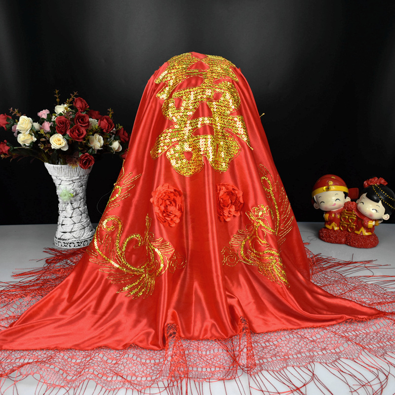 Spot Wedding Red Cover Vintage Sequined Four Phoenix Satin Bride Veil Bright Red Xi Decorations Wedding Veil Custom