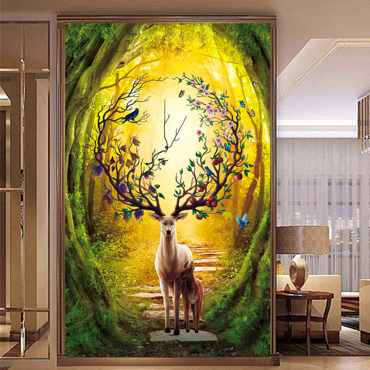 新款线绣发财鹿十字绣简约森林竖版玄关客厅满绣线绣简单绣批发