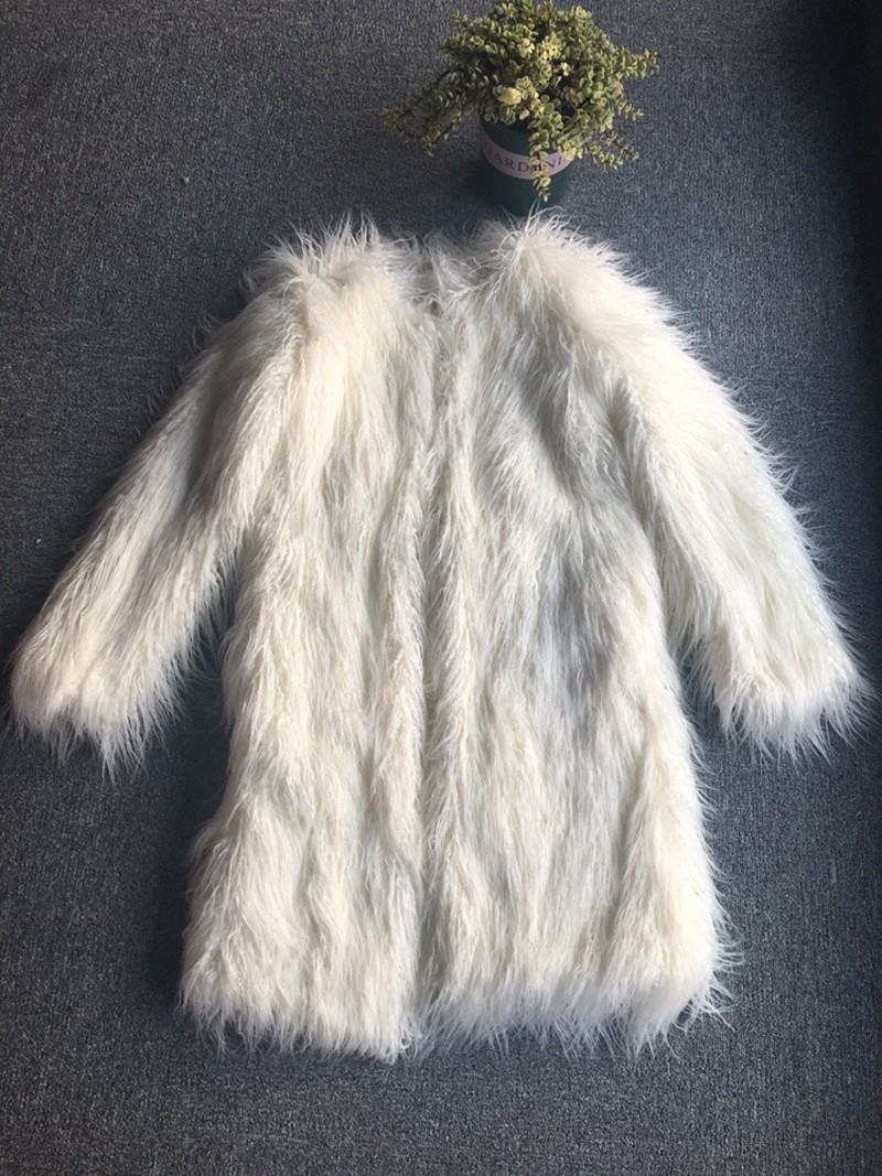 时尚新款人造毛皮大衣长袖女士衣仿 长款皮草外套白色