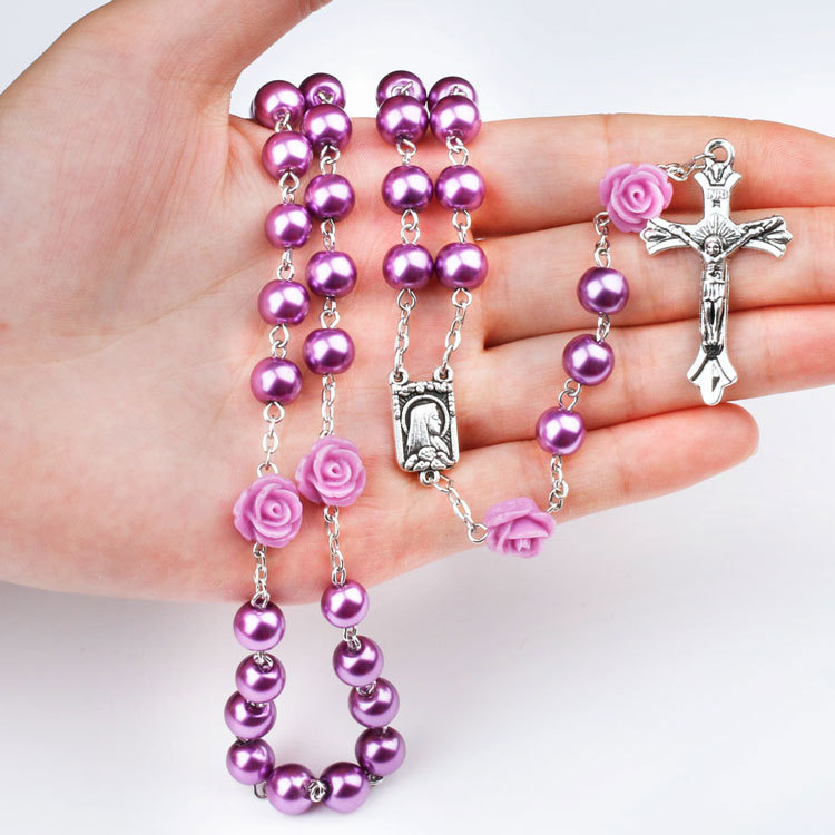 Amazon Hot Sale Purple Imitation Pearl Rose Flower Rosary Necklace Cross Virgin Necklace