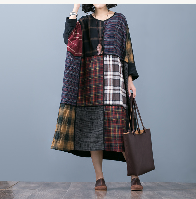 2017原创大码棉麻女装新款 文艺复古个性拼接长袍 宽松连衣裙批发